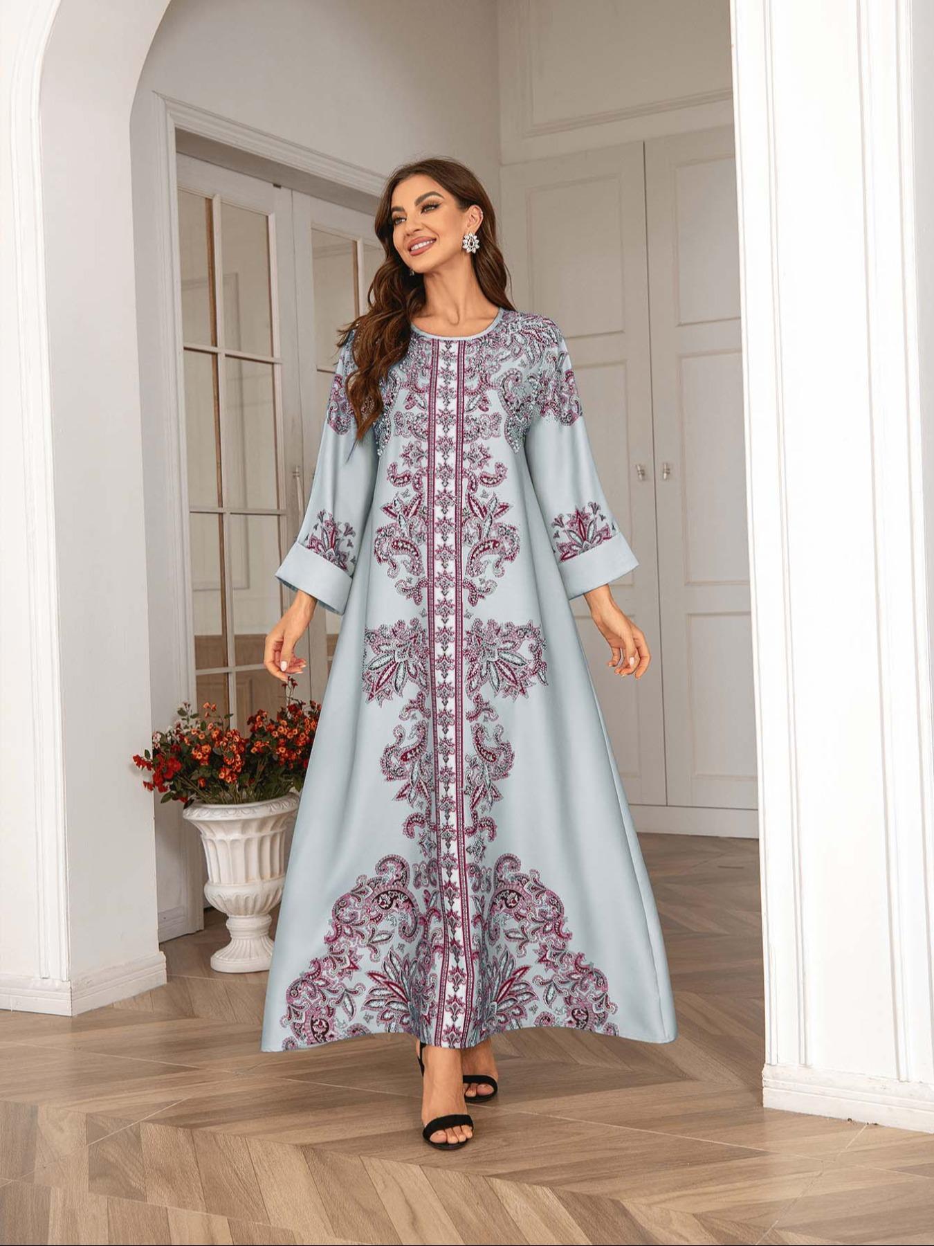 Elegant Boho Muslim Women's Long Robe, All over Print, Loose-Fitting, Round Neck, Flap Sleeves, Long Sleeve, All Seasons Elegant Boho Muslim Women's Long Robe, All over Print, Loose-Fitting, Round Neck, Flap Sleeves, Long Sleeve, All Seasons
