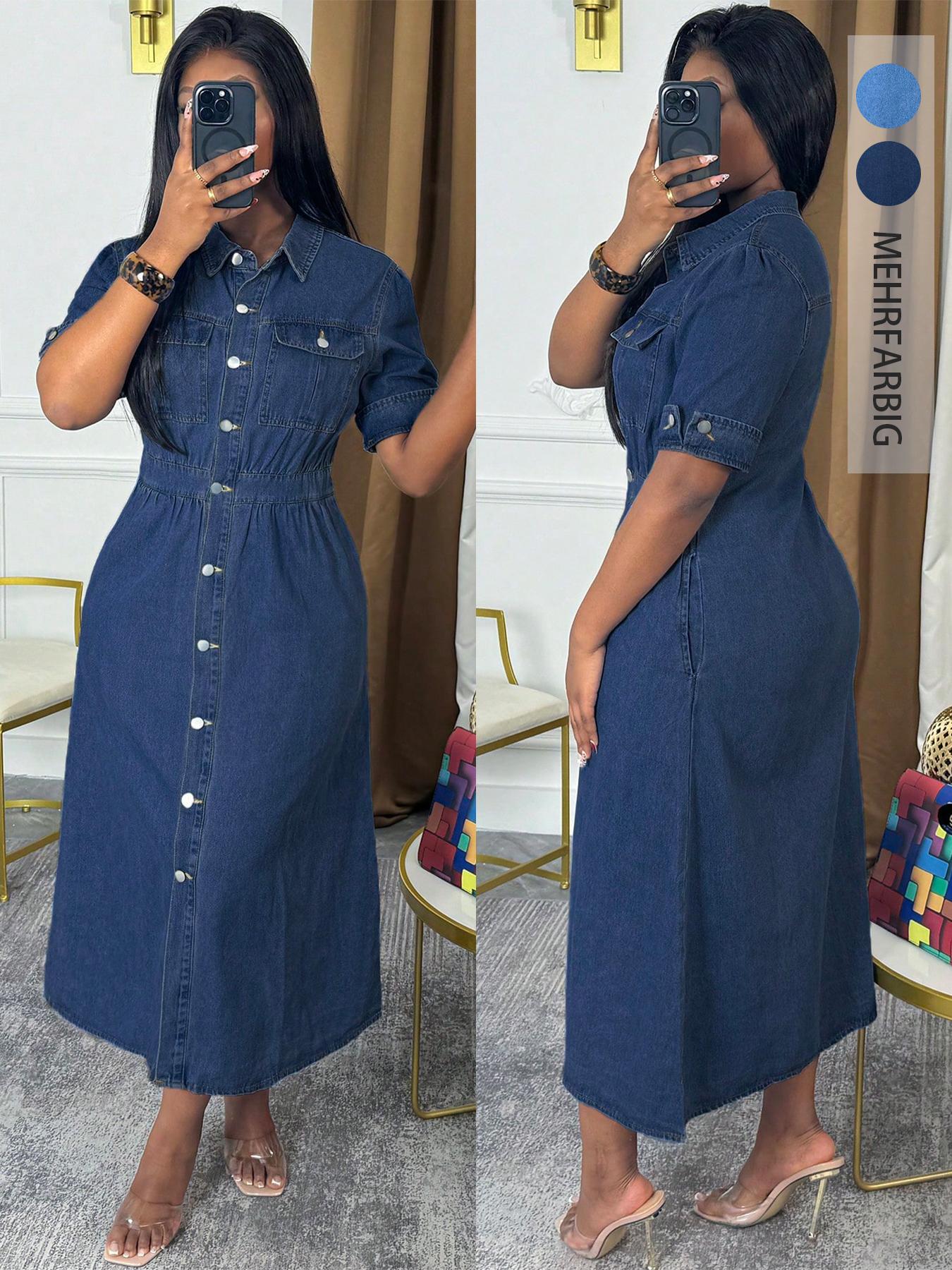 Chic Denim Shirt Dress, Button-Down Midi Dress with Chest Pockets and Cuffed Sleeves, Effortless Casual Jean Dress