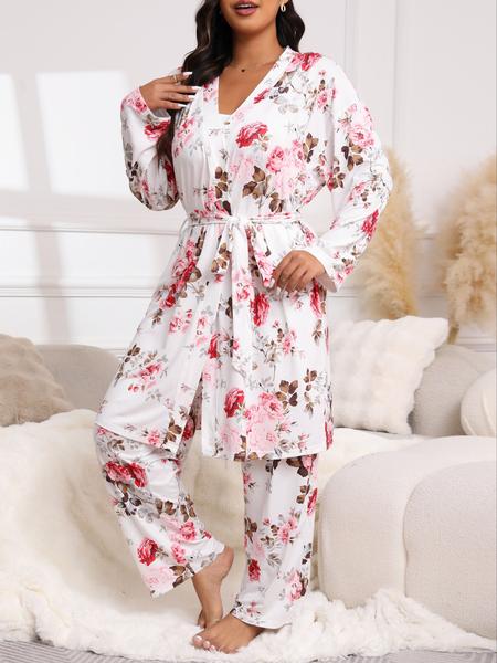 【Plus Size】 Three-Piece Set Floral Print Belted Lounge Robe & Cami Top & Elastic Waist Pants Pyjama Set, Elegant Comfy Drop Shoulder Long Sleeve Robe & Sleeveless Top & Bow Decor Trousers PJ Set, Women's Sleepwear for Spring & Fall, Pajamas 【Plus Size】 Three-Piece Set Floral Print Belted Lounge Robe & Cami Top & Elastic Waist Pants Pyjama Set, Elegant Comfy Drop Shoulder Long Sleeve Robe & Sleeveless Top & Bow Decor Trousers PJ Set, Women's Sleepwear for Spring & Fall, Pajamas