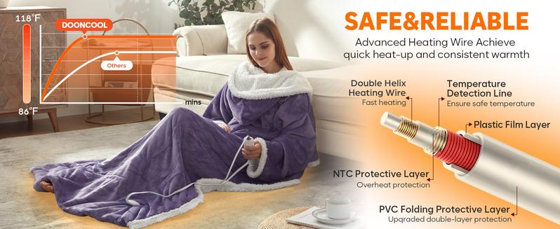 DOWNCOOL Wearable Electric Heated Blanket with Sleeves & Hood & Foot Pockets Flannel Sherpa Blanket for Adults Heated Blanket with 1-12 Hours Auto-off & 10 Heat Settings 50x70 Inch electric heating for Bedroom Home DOWNCOOL Wearable Electric Heated Blanket with Sleeves & Hood & Foot Pockets Flannel Sherpa Blanket for Adults Heated Blanket with 1-12 Hours Auto-off & 10 Heat Settings 50x70 Inch electric heating for Bedroom Home