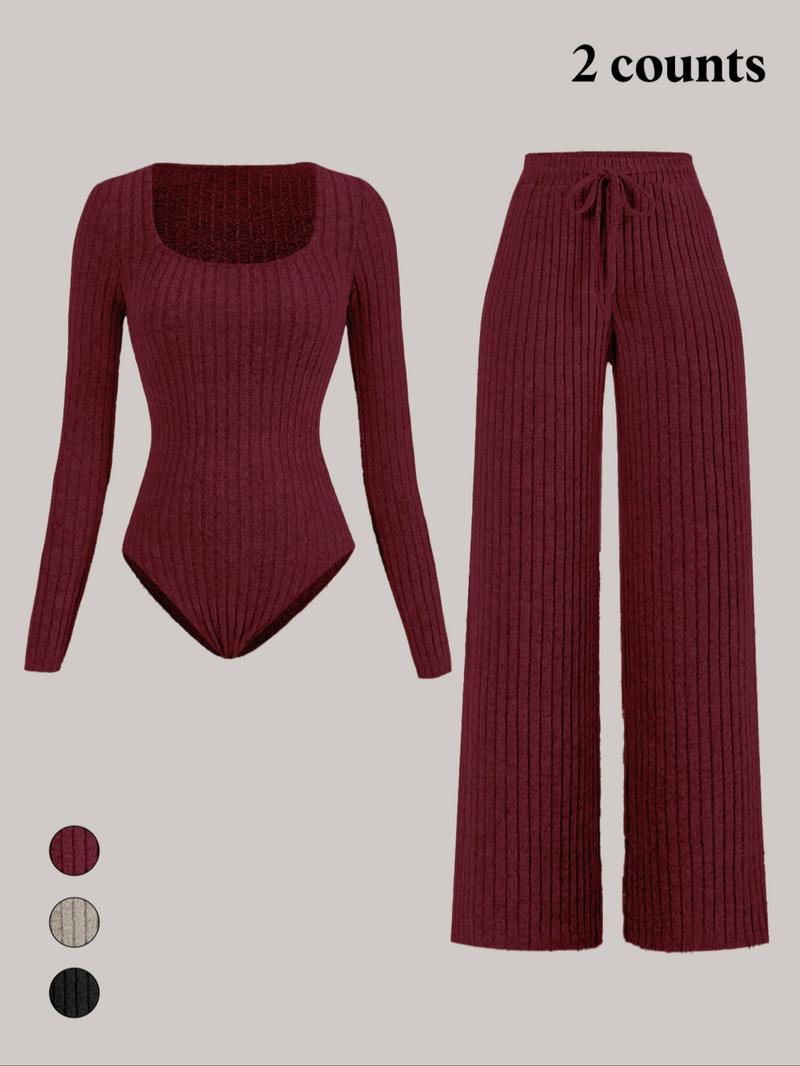 Women's Slim-Fit Solid Color Ribbed Fleece Jumpsuit Set, Wide Leg Pants, Fashionable Comfortable Fabric for Daily Wear Women's Slim-Fit Solid Color Ribbed Fleece Jumpsuit Set, Wide Leg Pants, Fashionable Comfortable Fabric for Daily Wear