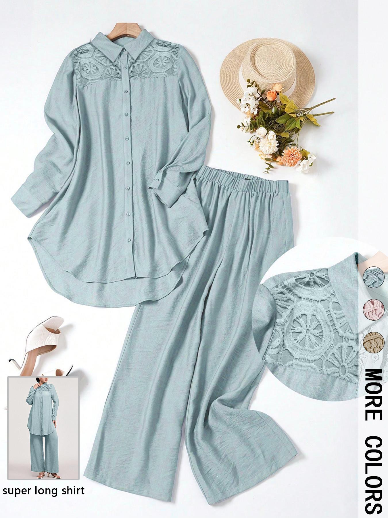 Women's Casual Two-Piece Set, Hollow-Out Top and Loose-Fit Pants, Plain Color Comfortable Breathable Woven Outfit for Daily Wear, Spring and Fall Fashion