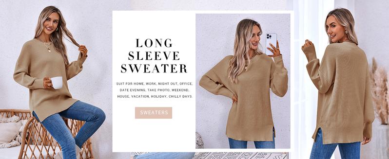 Ebifin Womens Oversized Tunic Sweaters Fall Slouchy Long Sleeve Ribbed Knit Side Slit Pullover Jumper