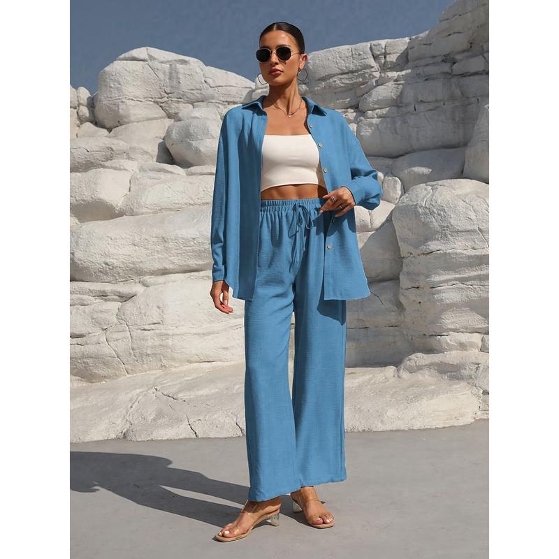Women's Solid Button Front Shirt & Tie Front Wide Leg Pants Two-piece Set, Casual Drop Shoulder Long Sleeve Blouse Top & Trousers 2 Piece Set for Spring & Fall, Women's Clothes for Daily Wear Womenswear Suits Apricot Basic Minimalist Women's Solid Button Front Shirt & Tie Front Wide Leg Pants Two-piece Set, Casual Drop Shoulder Long Sleeve Blouse Top & Trousers 2 Piece Set for Spring & Fall, Women's Clothes for Daily Wear Womenswear Suits Apricot Basic Minimalist