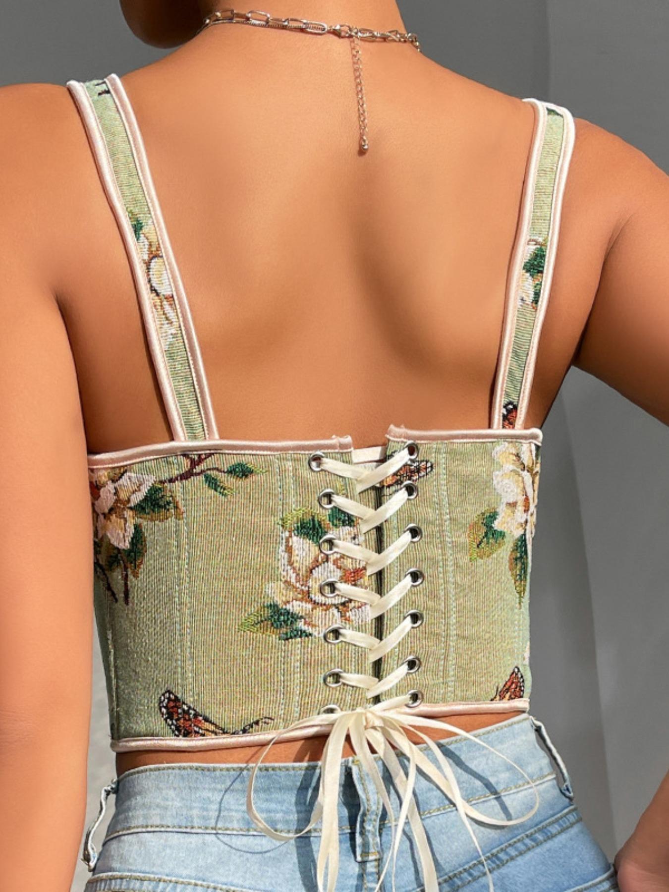 Women's Floral Print Adjustable Lace Up Corset Structure Shapewear Tank Top, Fashionable Bow Decor Shapewear Top for Daily Wear, Tummy Control Shaper for Women Women's Floral Print Adjustable Lace Up Corset Structure Shapewear Tank Top, Fashionable Bow Decor Shapewear Top for Daily Wear, Tummy Control Shaper for Women