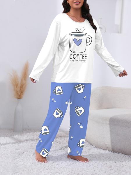 Plus Size Heart Coffee Letter Print Comfortable 2-Piece Pajama Set, Long Sleeve Top & Pants, Casual Fitted Sleepwear for All Seasons