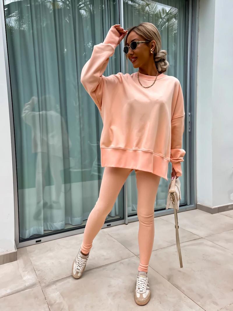 Oversize Two-Piece Set Women's  Split Hem Sweatshirt & Skinny Pants, Casual Fashion Cozy Round Neck Long Sleeve Pullover Women's Clothing for Fall & Basic Winter  Suits Womenswear Gamis