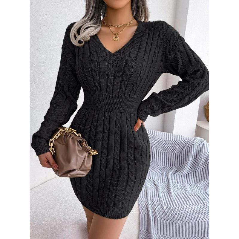Women's Cozy V-Neck Cable Knit Sweater Dress – Soft Textured Drop Shoulder Long Sleeve Dress for Fall & Winter Women's Cozy V-Neck Cable Knit Sweater Dress – Soft Textured Drop Shoulder Long Sleeve Dress for Fall & Winter