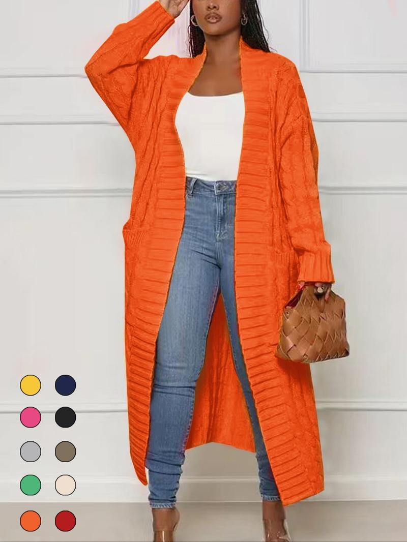 Women's Solid Color Textured Drop Shoulder Pocket Longline Cardigan, Casual Open Front Knitwear for Fall & Winter, Women's Knit Clothing for Daily Wear, Sweaters for Women, Trending Clothing Women, Going Out Tops, Womenswear, Yellow