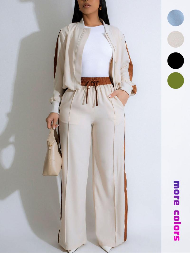 Two-piece Set Women's Patchwork Top & Wide Leg Pants Set, Casual Long Sleeve Outerwear & Pants for Daily Wear, Ladies Summer Clothes Two-piece Set Women's Patchwork Top & Wide Leg Pants Set, Casual Long Sleeve Outerwear & Pants for Daily Wear, Ladies Summer Clothes