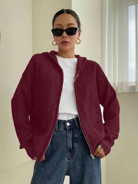Women's Solid Color Zip Up Hooded Sweater Cardigan, Casual Long Sleeve Knitwear for Fall & Winter, Fashion Ladies' Knit Clothing for Daily Wear