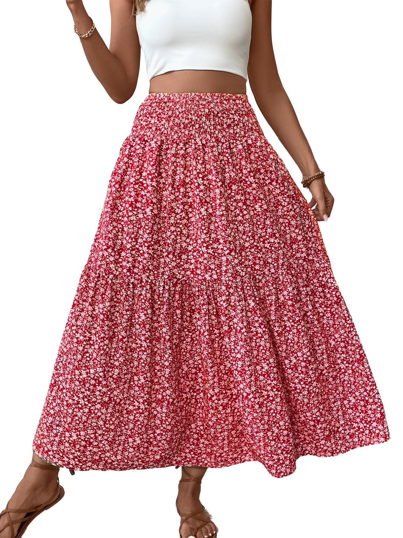 Women's Ditsy Floral Vintage Casual Vacation Layered A-Line Skirt, Elegant Long Skirt for Spring & Fall, All over Print Fitted Style Women's Ditsy Floral Vintage Casual Vacation Layered A-Line Skirt, Elegant Long Skirt for Spring & Fall, All over Print Fitted Style