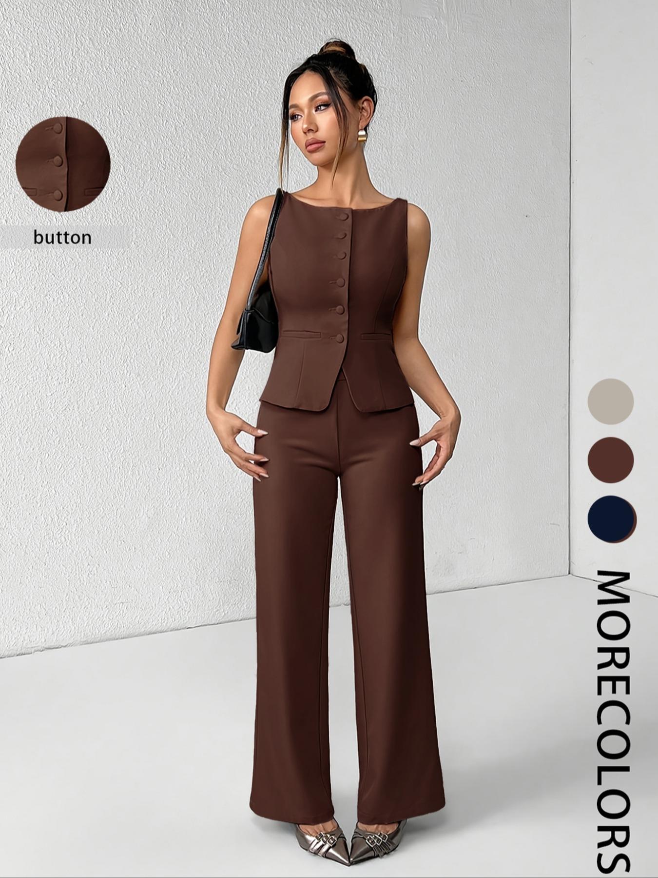 Women's Solid Button Front Sleeveless Tank Top & Wide Leg Pants Set, Casual Elegant Chic Minimalist Fashion Two-piece Set for Summer, Women's Clothing for Daily Wear, Suits, Office Siren Outfits, Casual Matching Set, Corporate Outfits Women Women's Solid Button Front Sleeveless Tank Top & Wide Leg Pants Set, Casual Elegant Chic Minimalist Fashion Two-piece Set for Summer, Women's Clothing for Daily Wear, Suits, Office Siren Outfits, Casual Matching Set, Corporate Outfits Women