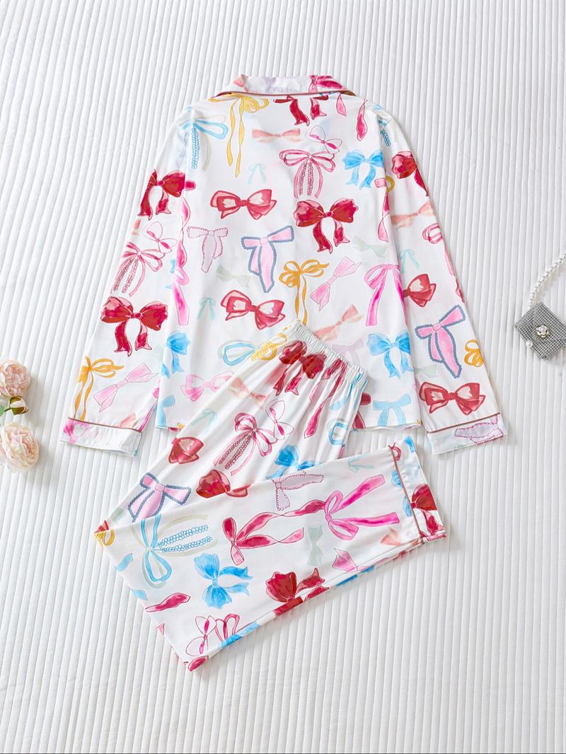 Two-piece Set Women's Bow Print Button Front Pocket Shirt & Elastic Waist Pants Pajama, Casual Comfy Long Sleeve Lapel Neck Top & Trousers Pj Set, Ladies Sleepwear for Spring & Fall Two-piece Set Women's Bow Print Button Front Pocket Shirt & Elastic Waist Pants Pajama, Casual Comfy Long Sleeve Lapel Neck Top & Trousers Pj Set, Ladies Sleepwear for Spring & Fall