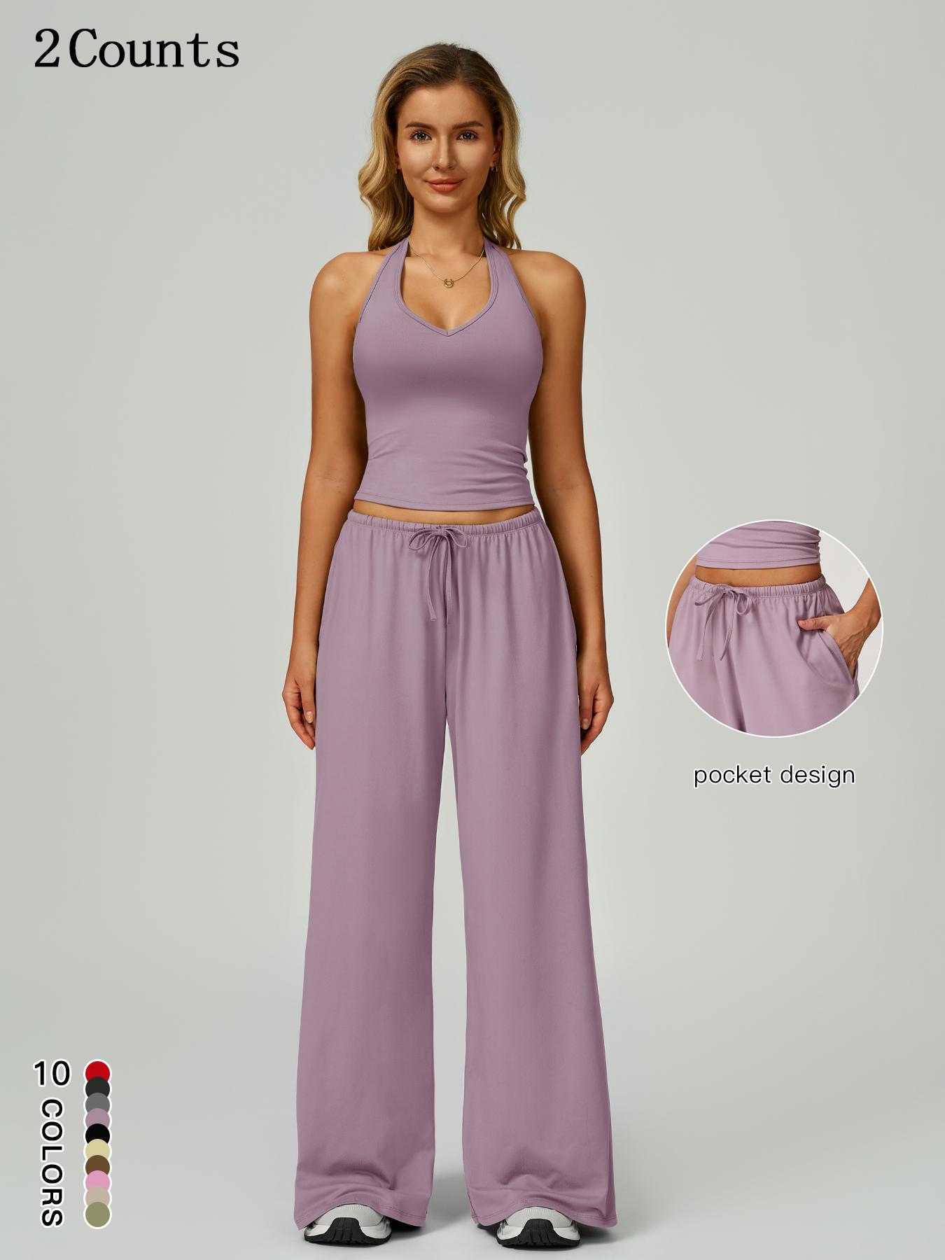 Women's Solid Crop Tank Top & Wide Leg Pants Set, Casual V Neck Sleeveless Top & Trousers for Daily Outdoor Wear, Ladies Sportswear for Summer Sports, Yoga and Airport Outfits, Gym Outfit Women's Solid Crop Tank Top & Wide Leg Pants Set, Casual V Neck Sleeveless Top & Trousers for Daily Outdoor Wear, Ladies Sportswear for Summer Sports, Yoga and Airport Outfits, Gym Outfit