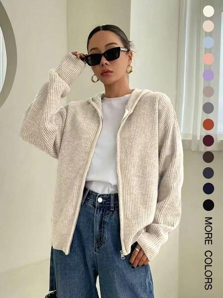 Women's Solid Color Zip Up Hooded Sweater Cardigan, Casual Long Sleeve Knitwear for Fall & Winter, Fashion Ladies' Knit Clothing for Daily Wear