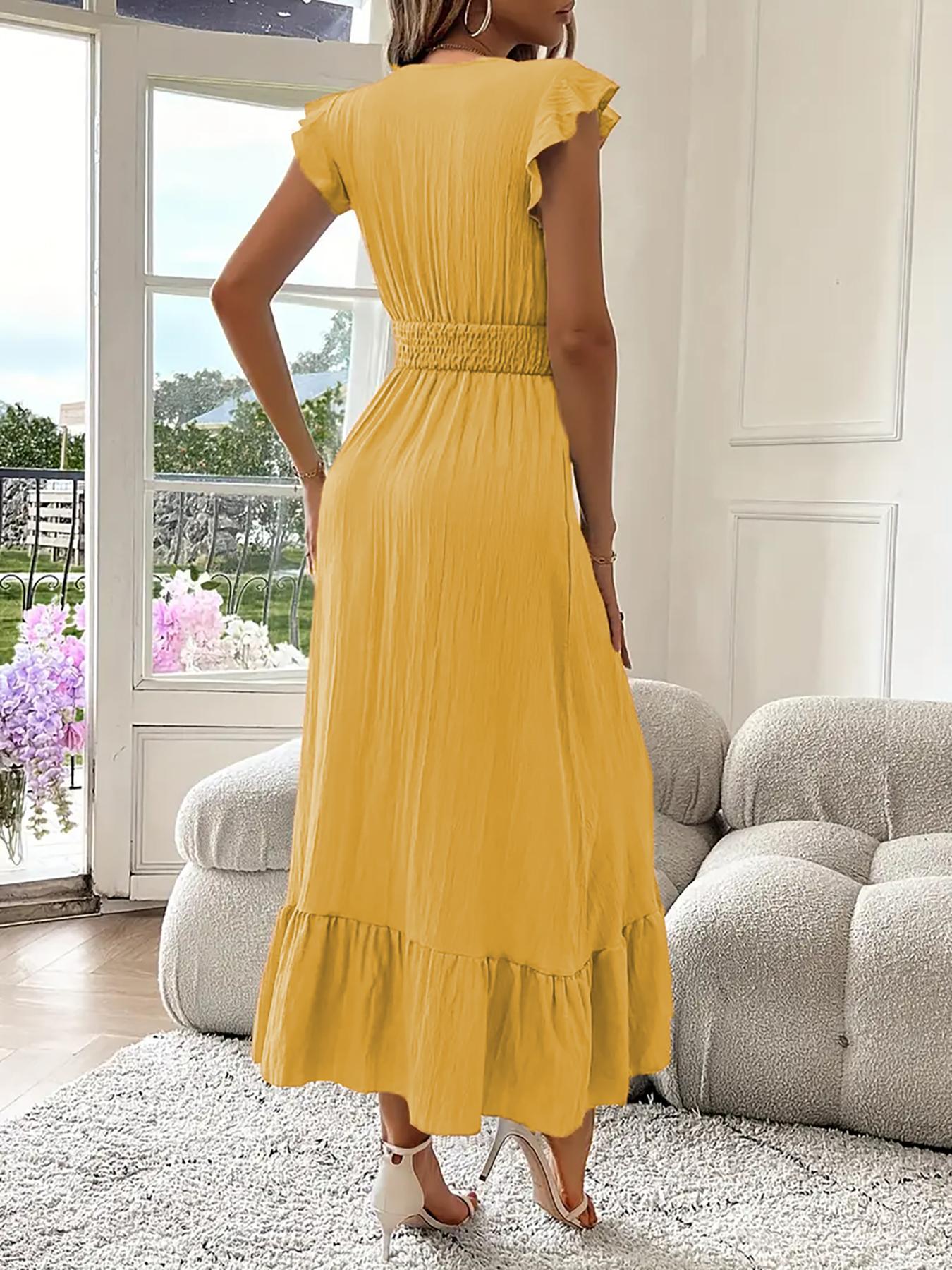 Women's Plain Shirred V Neck Fitted Dress, Elegant Chic Fashion Casual Long Dress for Daily Outdoor Wear, Women's Dress for Summer Women's Plain Shirred V Neck Fitted Dress, Elegant Chic Fashion Casual Long Dress for Daily Outdoor Wear, Women's Dress for Summer