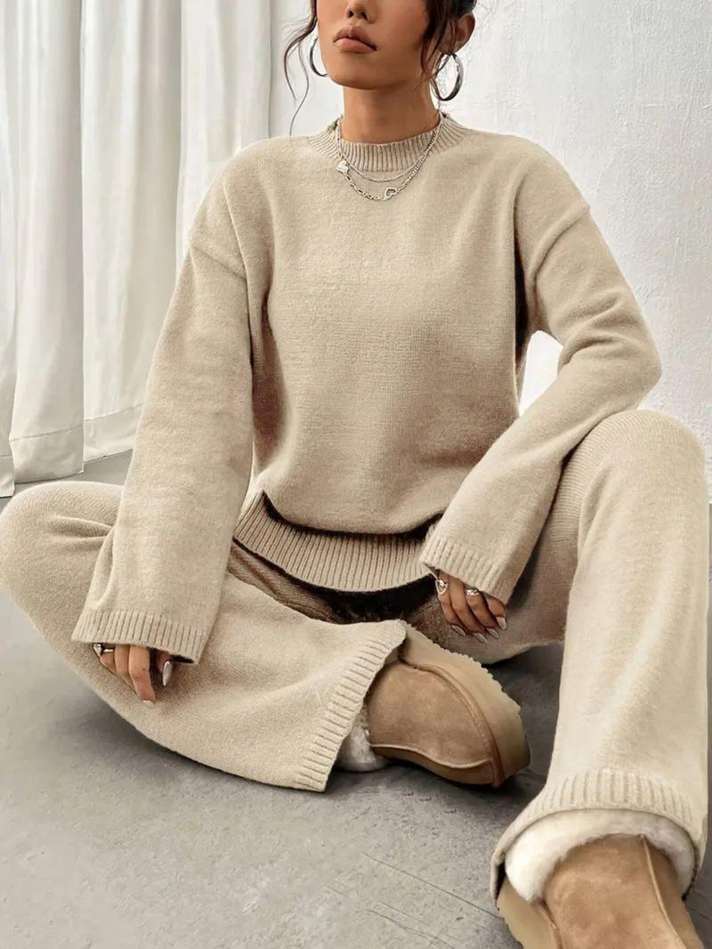 Women's Solid Drop Shoulder Split Hem Sweater & Elastic Waist Straight Leg Pants Two-piece Set, Casual Fashion Cozy Knitwear Set for Daily Outdoor Wear, Women Knitwear for Fall & Winter, Womenswear Women's Solid Drop Shoulder Split Hem Sweater & Elastic Waist Straight Leg Pants Two-piece Set, Casual Fashion Cozy Knitwear Set for Daily Outdoor Wear, Women Knitwear for Fall & Winter, Womenswear