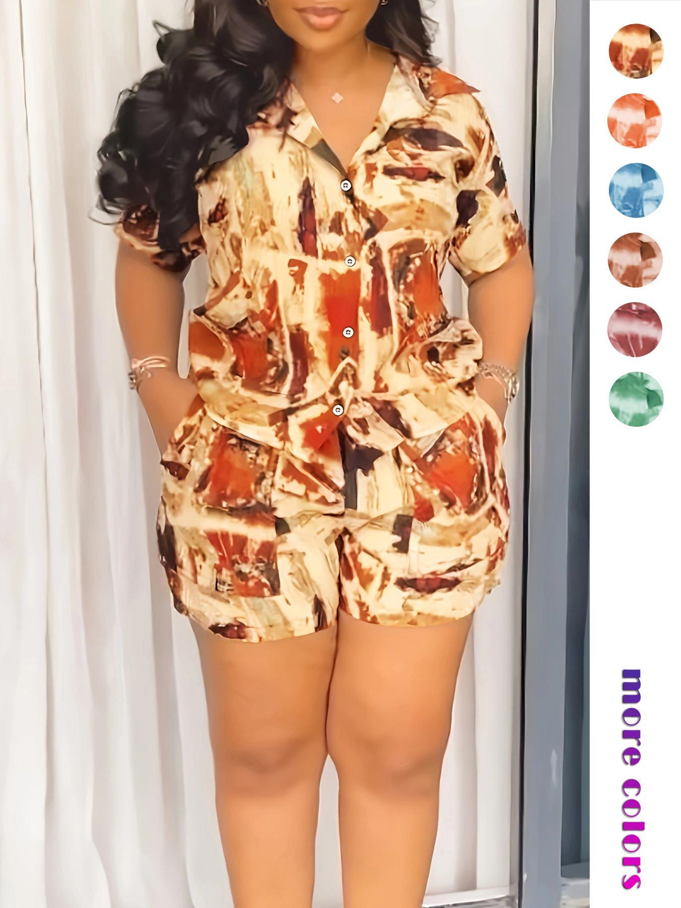 Two-piece Set Women's All Over Print Short Sleeve Shirt & Shorts, Casual Button Up Top & Shorts for Daily Wear, Ladies Summer Clothes, Fashion Clothes Set