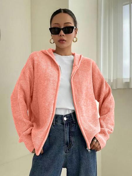 Women's Solid Color Zip Up Hooded Sweater Cardigan, Casual Long Sleeve Knitwear for Fall & Winter, Fashion Ladies' Knit Clothing for Daily Wear
