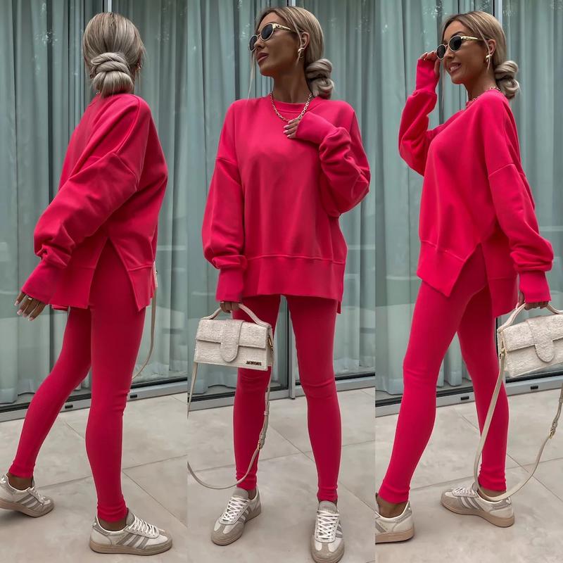 Oversize Two-Piece Set Women's  Split Hem Sweatshirt & Skinny Pants, Casual Fashion Cozy Round Neck Long Sleeve Pullover Women's Clothing for Fall & Basic Winter  Suits Womenswear Gamis