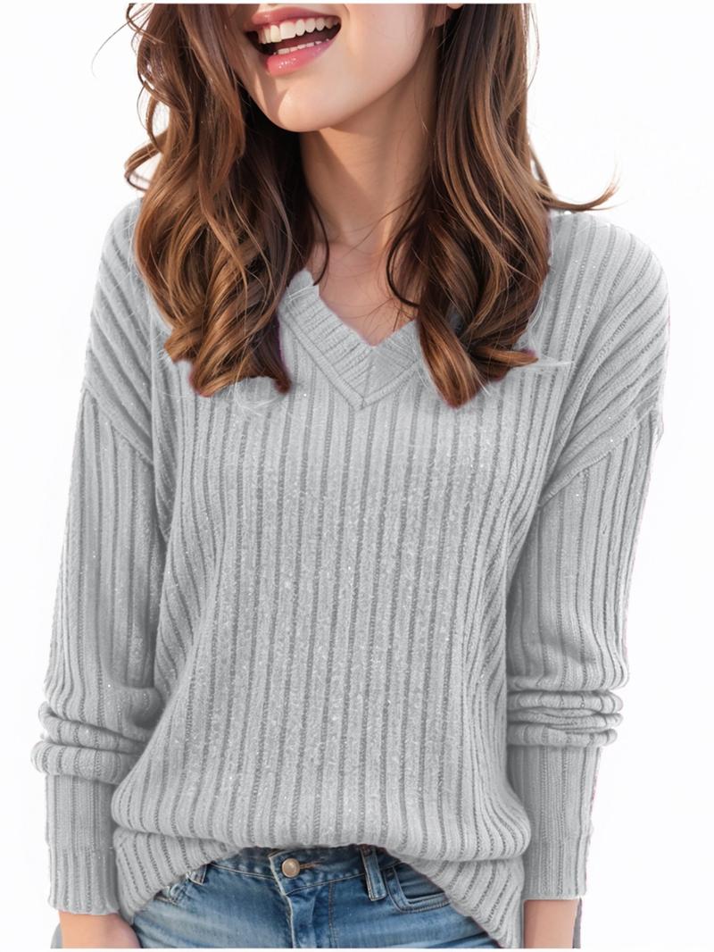 Women's Plain Drop Shoulder V Neck Tee, Casual Long Sleeve Top for Spring & Fall, Fashion Women's Clothes for Daily Wear Women's Plain Drop Shoulder V Neck Tee, Casual Long Sleeve Top for Spring & Fall, Fashion Women's Clothes for Daily Wear