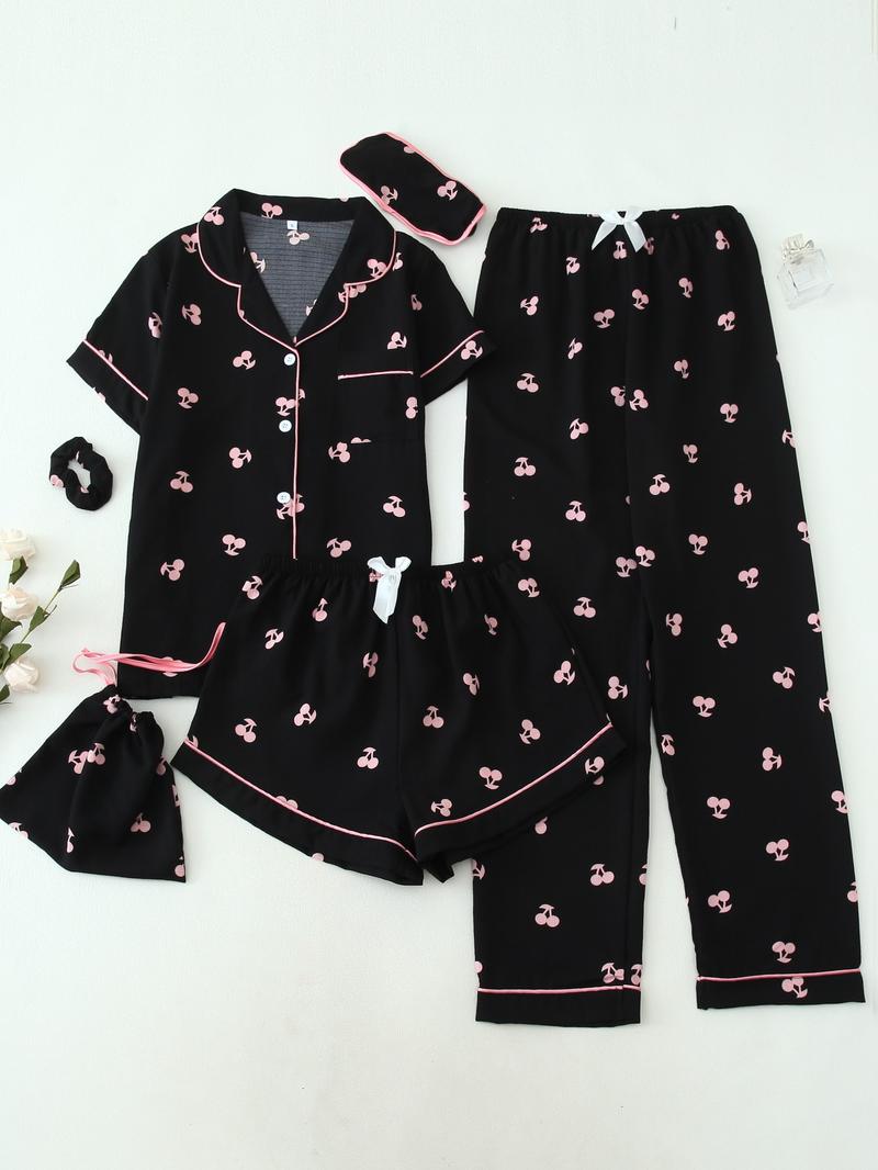 Women's All Over Print Top & Shorts & Pants & Accessories Pyjama Set, Casual Comfy Pj Set, Ladies Sleepwear for All Seasons Women's All Over Print Top & Shorts & Pants & Accessories Pyjama Set, Casual Comfy Pj Set, Ladies Sleepwear for All Seasons