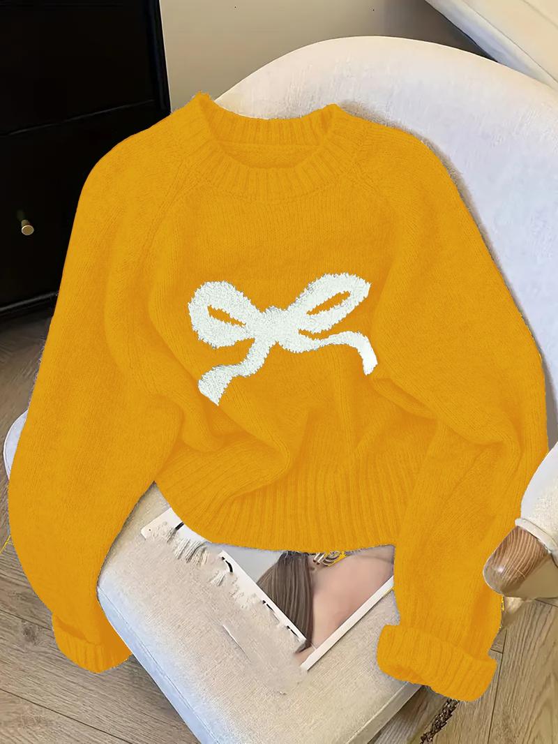 Elegant Bow Knit Sweater for Women, Sweet Autumn Winter Fashion, Thick Casual Pullover Top, Unique Design, Versatile Outerwear