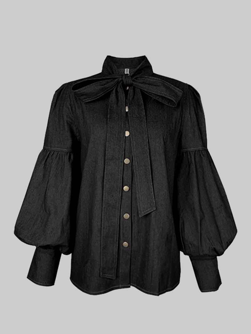 Women's Denim-effect Print Tie Neck Shirt, Chic Casual Long Sleeve Top for Daily Wear, Ladies Clothes for All Seasons Women's Denim-effect Print Tie Neck Shirt, Chic Casual Long Sleeve Top for Daily Wear, Ladies Clothes for All Seasons