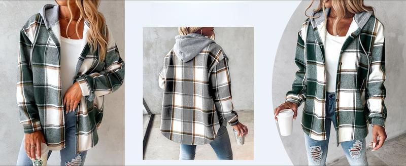 Women's Plaid Shacket Fleece Lined Hooded Jacket Long Sleeve Button Down Warm Coat for Fall and Winter