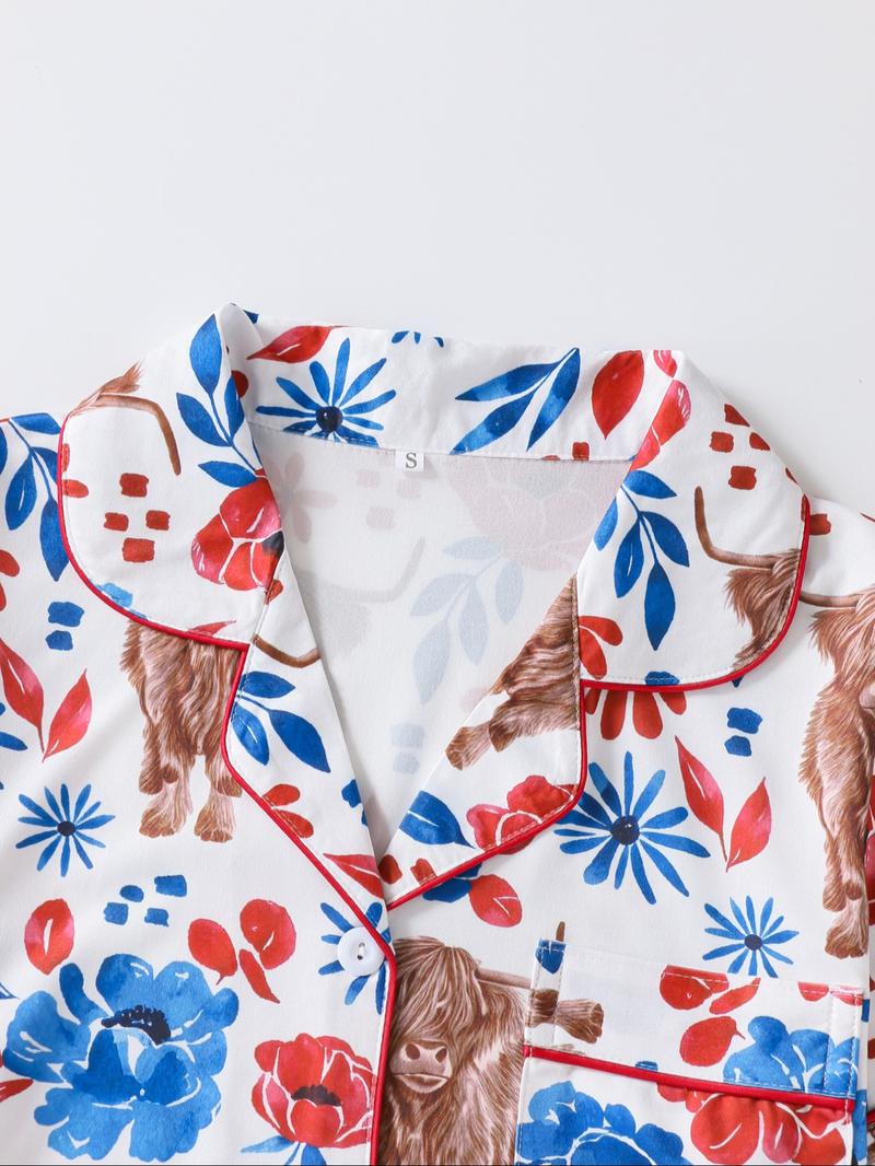 Women's Floral & Cow Print Top & Shorts Pajama Two-piece Set, Casual Comfy Short Sleeve Top & Shorts Pajama Set, Ladies Sleepwear for Summer, Womenswear Women's Floral & Cow Print Top & Shorts Pajama Two-piece Set, Casual Comfy Short Sleeve Top & Shorts Pajama Set, Ladies Sleepwear for Summer, Womenswear
