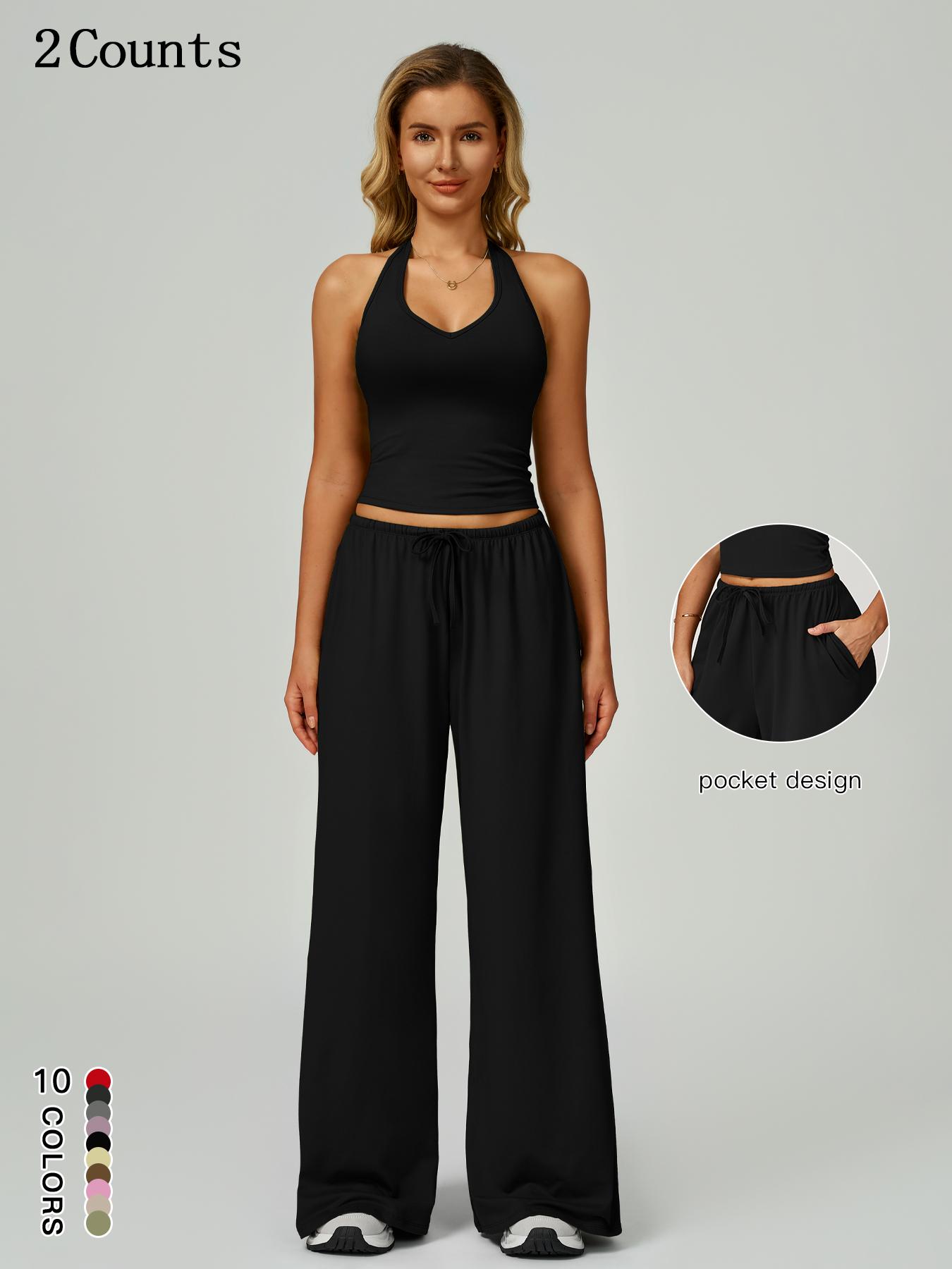 Women's Solid Crop Tank Top & Wide Leg Pants Set, Casual V Neck Sleeveless Top & Trousers for Daily Outdoor Wear, Ladies Sportswear for Summer Sports, Yoga and Airport Outfits, Gym Outfit Women's Solid Crop Tank Top & Wide Leg Pants Set, Casual V Neck Sleeveless Top & Trousers for Daily Outdoor Wear, Ladies Sportswear for Summer Sports, Yoga and Airport Outfits, Gym Outfit