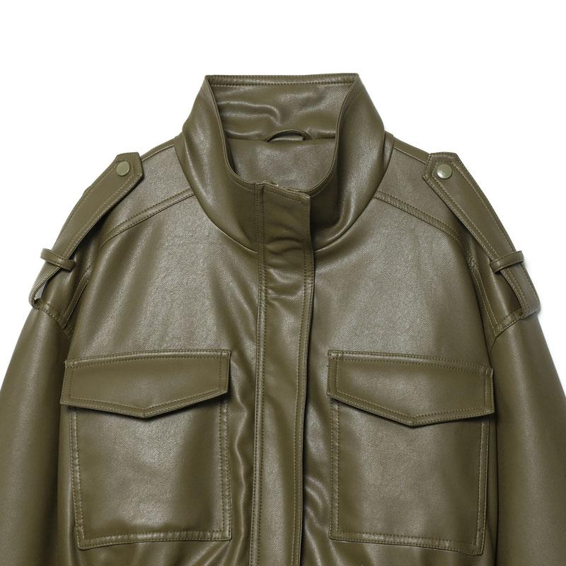 Women's Bomber Jacket Olive Green Faux Leather Jacket Stand Collar Moto Jacket Flap Pockets Streetwear Women's Layered Outerwear Short Jacket Woman Women's Bomber Jacket Olive Green Faux Leather Jacket Stand Collar Moto Jacket Flap Pockets Streetwear Women's Layered Outerwear Short Jacket Woman