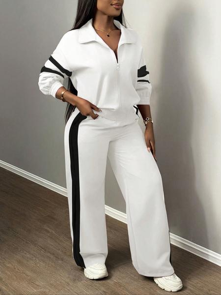 Women's Zipper Jacket & Striped Wide-Leg Pants Set, Streetwear & Casual, Two-Piece Suit for Daily Wear Women's Zipper Jacket & Striped Wide-Leg Pants Set, Streetwear & Casual, Two-Piece Suit for Daily Wear