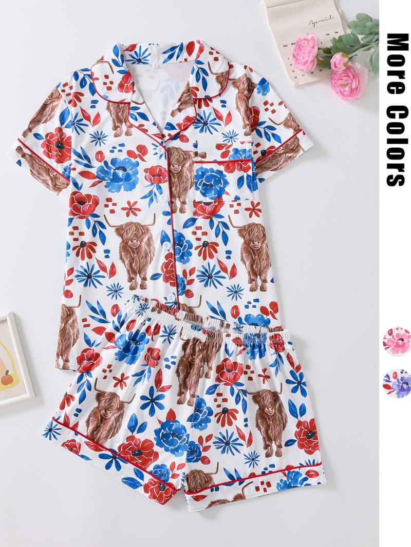Women's Floral & Cow Print Top & Shorts Pajama Two-piece Set, Casual Comfy Short Sleeve Top & Shorts Pajama Set, Ladies Sleepwear for Summer, Womenswear Women's Floral & Cow Print Top & Shorts Pajama Two-piece Set, Casual Comfy Short Sleeve Top & Shorts Pajama Set, Ladies Sleepwear for Summer, Womenswear