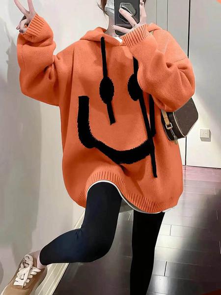 Women's Cartoon Face Print Drop Shoulder Hooded Sweater, Fashion Casual Long Sleeve Drawstring Hooded Sweater for Daily Holiday Outdoor Wear, Women Knitwear for Fall & Winter, Sweaters for Women Women's Cartoon Face Print Drop Shoulder Hooded Sweater, Fashion Casual Long Sleeve Drawstring Hooded Sweater for Daily Holiday Outdoor Wear, Women Knitwear for Fall & Winter, Sweaters for Women