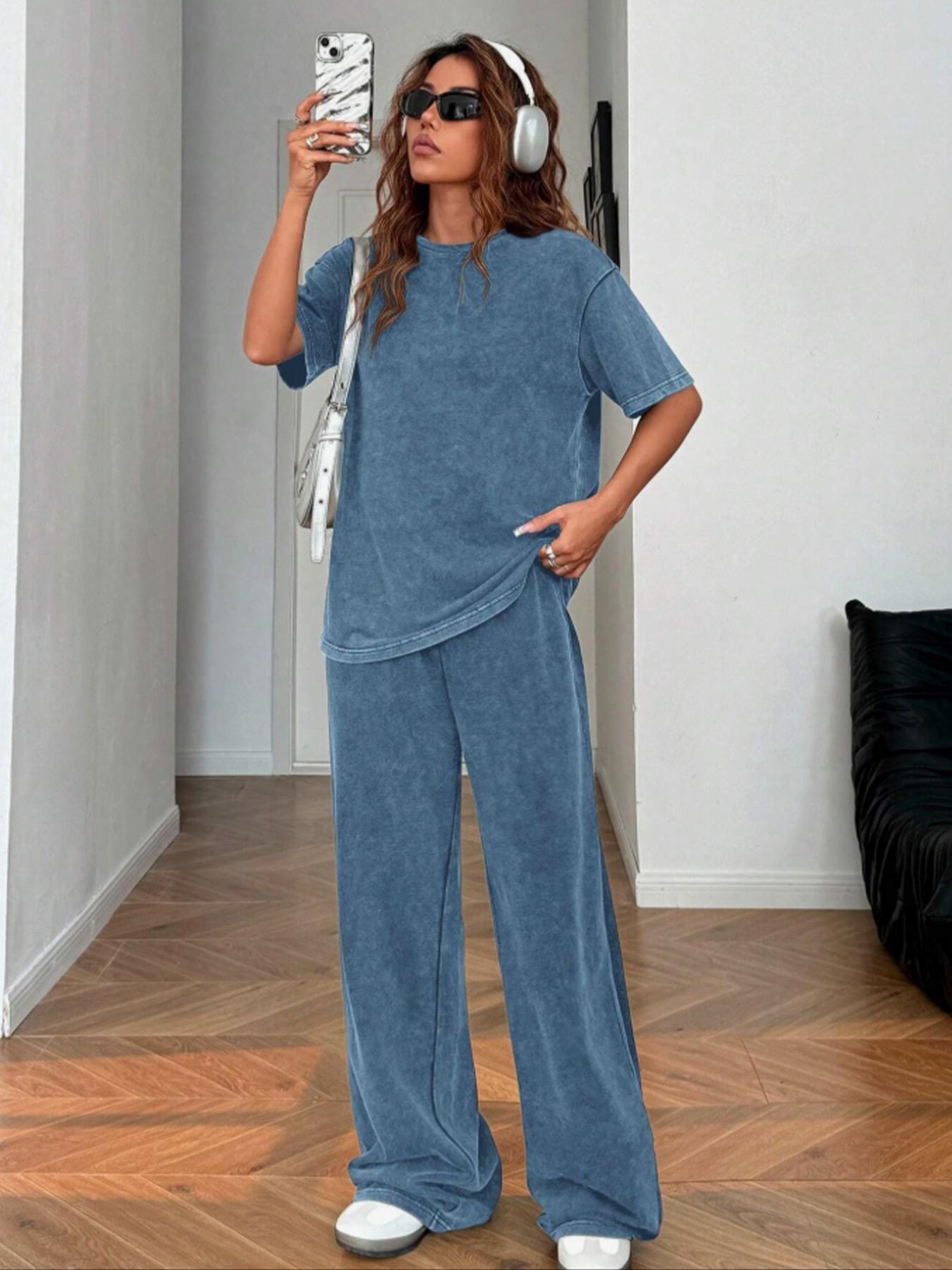 Women's Casual Loose Fit Acid Washed Cotton Short Sleeve T-Shirt and Long Pants Two-Piece Set, All Seasons, Plain Style Women's Casual Loose Fit Acid Washed Cotton Short Sleeve T-Shirt and Long Pants Two-Piece Set, All Seasons, Plain Style