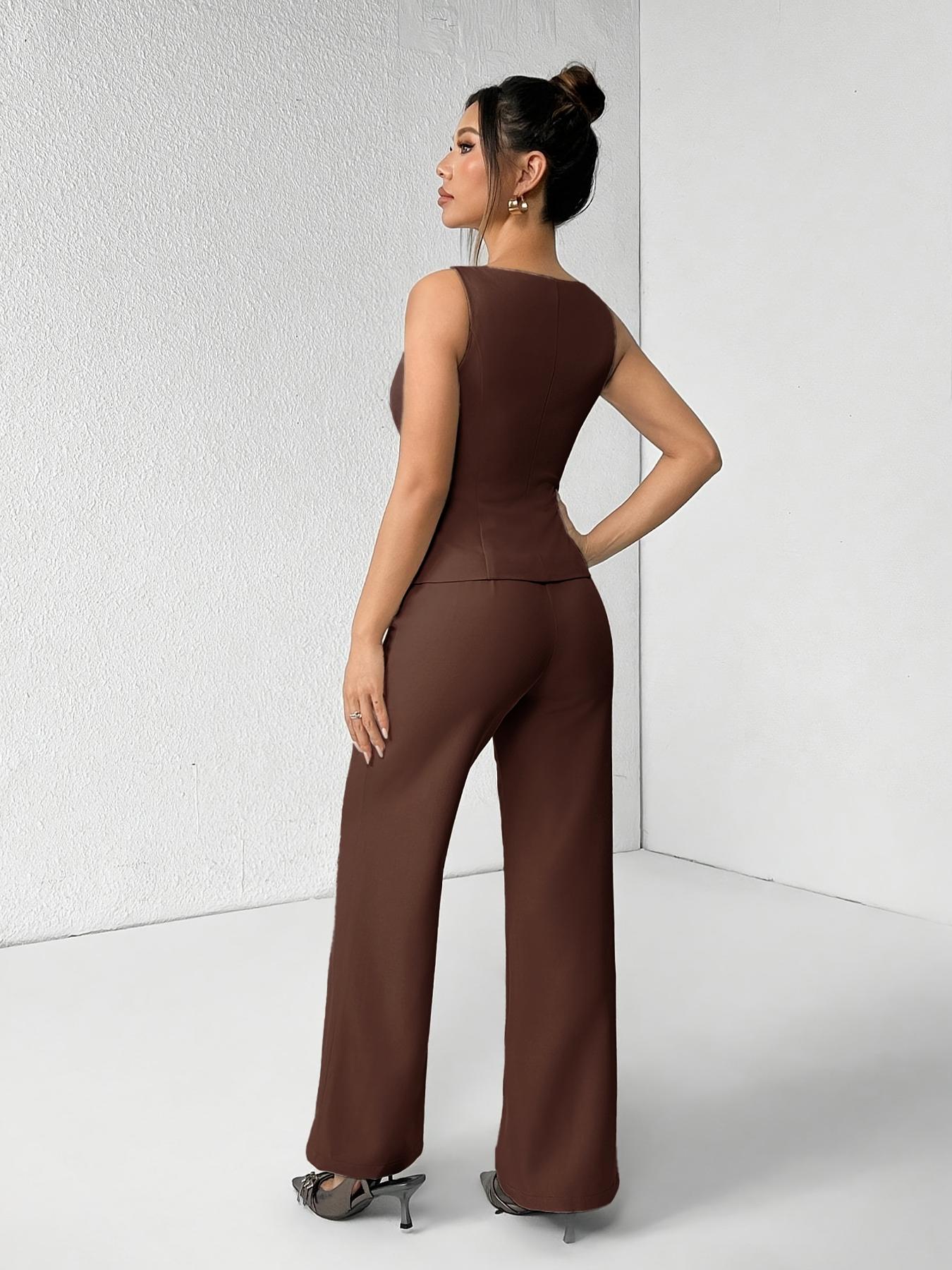 Women's Solid Button Front Sleeveless Tank Top & Wide Leg Pants Set, Casual Elegant Chic Minimalist Fashion Two-piece Set for Summer, Women's Clothing for Daily Wear, Suits, Office Siren Outfits, Casual Matching Set, Corporate Outfits Women Women's Solid Button Front Sleeveless Tank Top & Wide Leg Pants Set, Casual Elegant Chic Minimalist Fashion Two-piece Set for Summer, Women's Clothing for Daily Wear, Suits, Office Siren Outfits, Casual Matching Set, Corporate Outfits Women