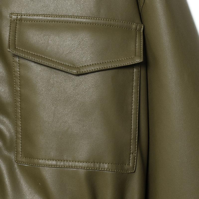 Women's Olive Green Faux Leather Bomber Moto Jacket with Stand Collar and Flap Pockets, Casual Short Layered Streetwear Outerwear Women's Olive Green Faux Leather Bomber Moto Jacket with Stand Collar and Flap Pockets, Casual Short Layered Streetwear Outerwear