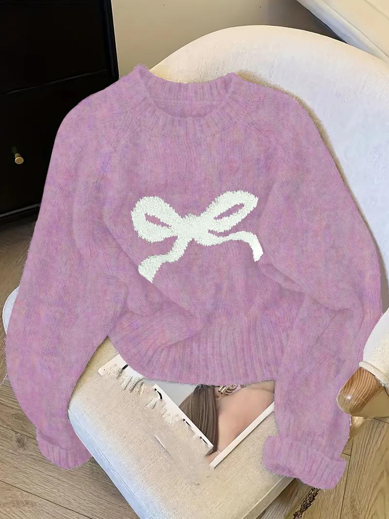 Elegant Bow Knit Sweater for Women, Sweet Autumn Winter Fashion, Thick Casual Pullover Top, Unique Design, Versatile Outerwear