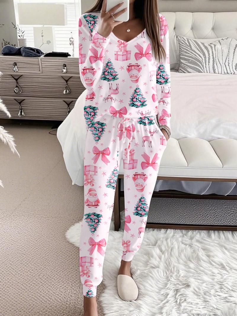 Women's Christmas Print Casual Set, Long Sleeve V Neck Top & Belted Pants, Ladies Homewear & Pajamas, Spring & Fall Fashion Women's Christmas Print Casual Set, Long Sleeve V Neck Top & Belted Pants, Ladies Homewear & Pajamas, Spring & Fall Fashion