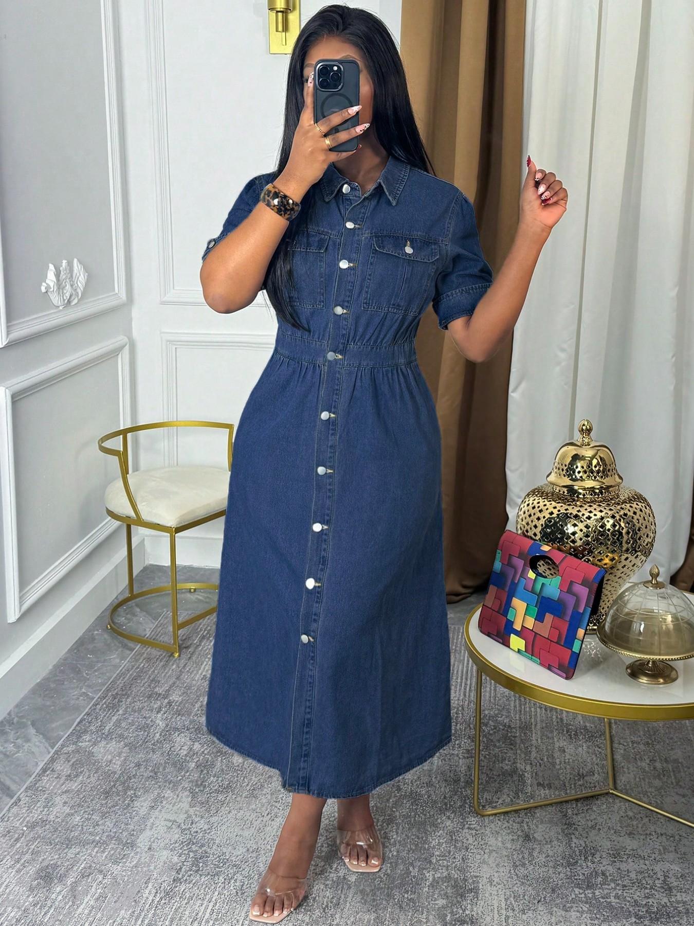 Chic Denim Shirt Dress, Button-Down Midi Dress with Chest Pockets and Cuffed Sleeves, Effortless Casual Jean Dress
