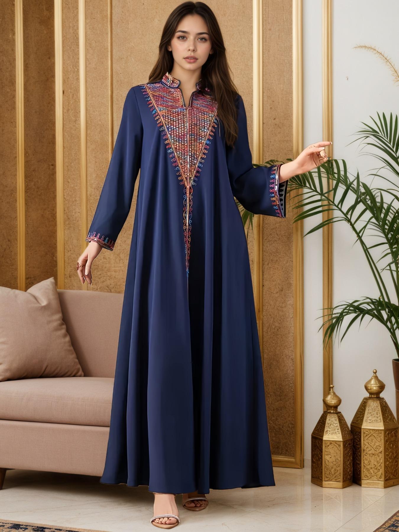 Elegant Muslim Women's Long Robe with Colorful Embroidery, Perfect for All Seasons, Stylish and Comfortable Clothing, Muslim Women Gowns Elegant Muslim Women's Long Robe with Colorful Embroidery, Perfect for All Seasons, Stylish and Comfortable Clothing, Muslim Women Gowns