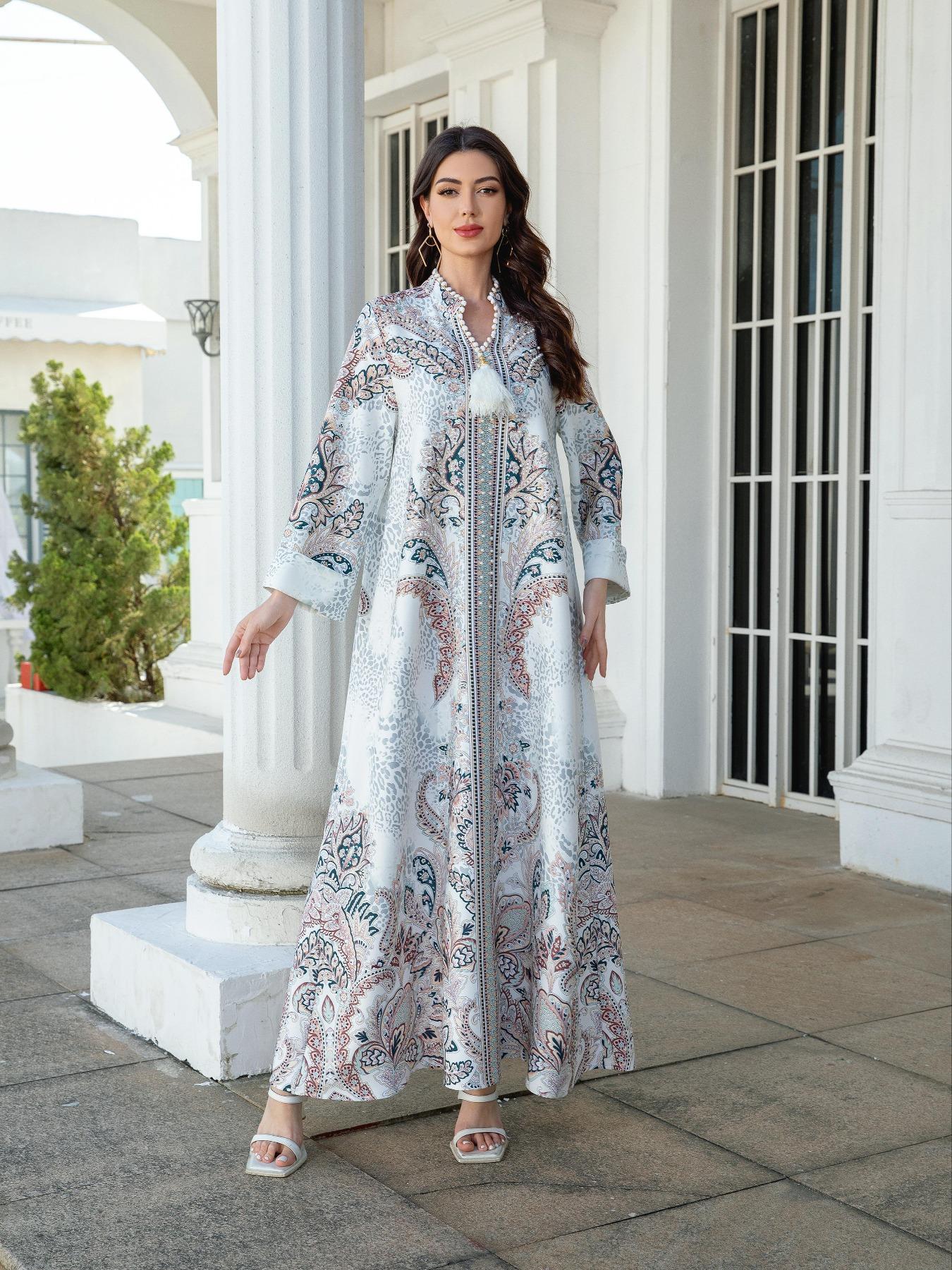 Women's V Neck Long Dress, All-Season Loose Fit A-Line Jalabiya, Soft 75D Stretch Fabric, Elegant Arabic Clothing Women's V Neck Long Dress, All-Season Loose Fit A-Line Jalabiya, Soft 75D Stretch Fabric, Elegant Arabic Clothing
