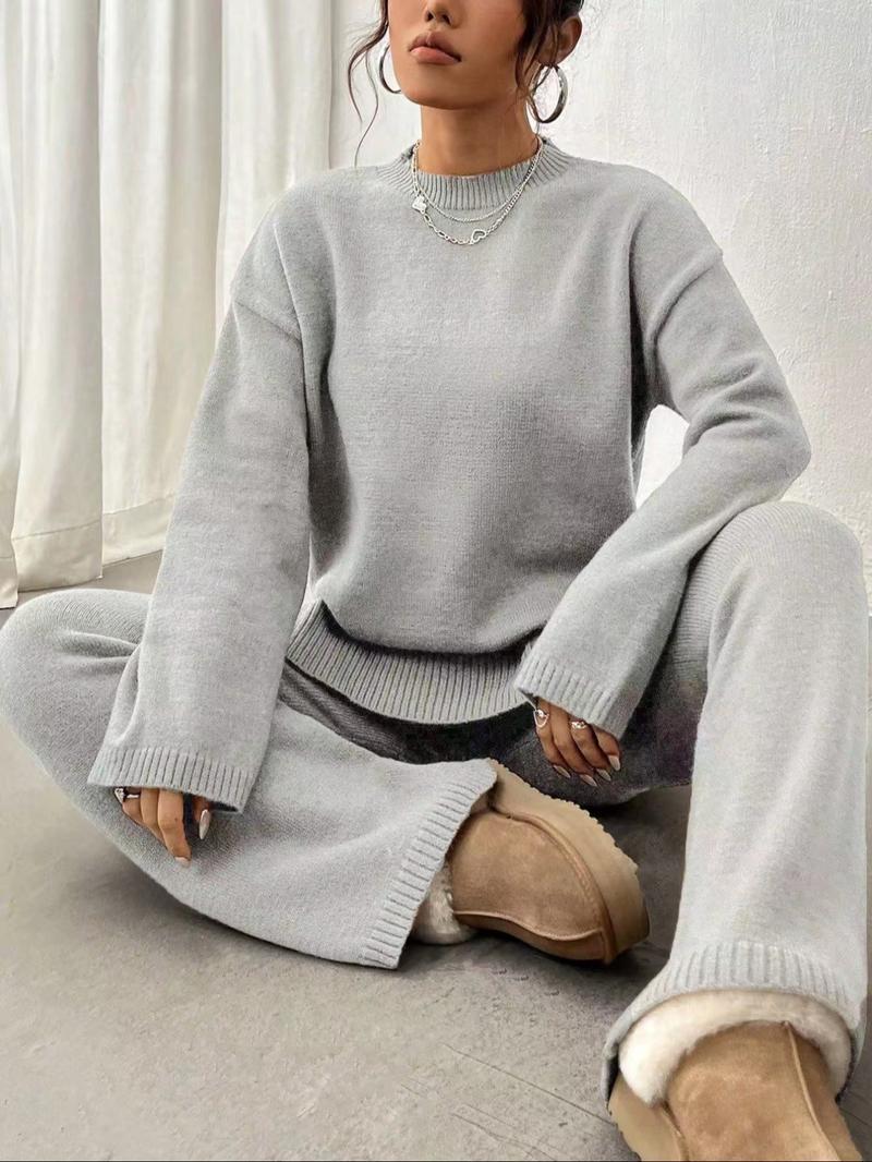 Women's Solid Drop Shoulder Split Hem Sweater & Elastic Waist Straight Leg Pants Two-piece Set, Casual Fashion Cozy Knitwear Set for Daily Outdoor Wear, Women Knitwear for Fall & Winter, Womenswear Women's Solid Drop Shoulder Split Hem Sweater & Elastic Waist Straight Leg Pants Two-piece Set, Casual Fashion Cozy Knitwear Set for Daily Outdoor Wear, Women Knitwear for Fall & Winter, Womenswear
