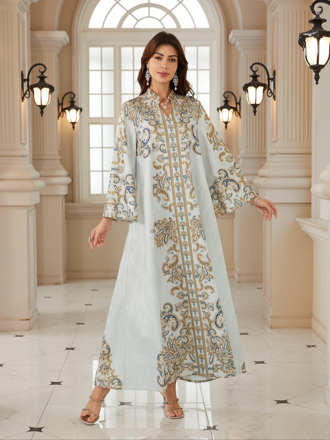 Middle Eastern Women's New Fabric Printed Embellished Dress, Arabic Long Robe Evening Gown Abayas Full Beaded Jalabiya, Abayas For Eid