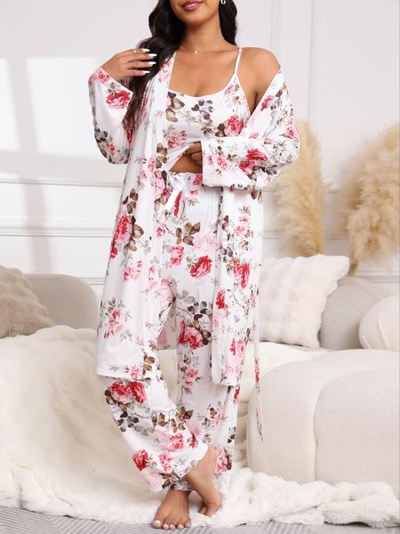 【Plus Size】 Three-Piece Set Floral Print Belted Lounge Robe & Cami Top & Elastic Waist Pants Pyjama Set, Elegant Comfy Drop Shoulder Long Sleeve Robe & Sleeveless Top & Bow Decor Trousers PJ Set, Women's Sleepwear for Spring & Fall, Pajamas 【Plus Size】 Three-Piece Set Floral Print Belted Lounge Robe & Cami Top & Elastic Waist Pants Pyjama Set, Elegant Comfy Drop Shoulder Long Sleeve Robe & Sleeveless Top & Bow Decor Trousers PJ Set, Women's Sleepwear for Spring & Fall, Pajamas