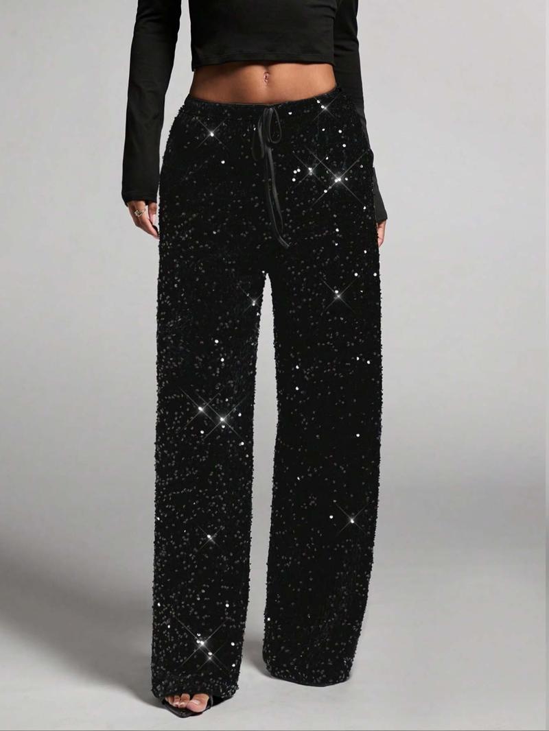 Women's Fashion Pants with Elastic Waistband, Bow Tie Design, Sequin Detailing, Stylish Long Trousers for Casual Wear Women's Fashion Pants with Elastic Waistband, Bow Tie Design, Sequin Detailing, Stylish Long Trousers for Casual Wear