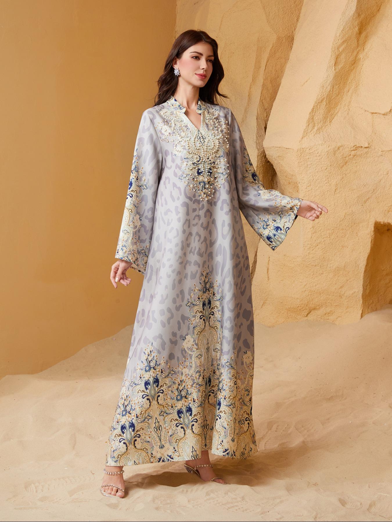 Women's Traditional Ethnic Pattern Faux Pearl Decor Long Dress, Boho Long Sleeve Round Neck Dress for Vacation Holiday Wedding Guest, Ladies Muslim Clothing for All Seasons Women's Traditional Ethnic Pattern Faux Pearl Decor Long Dress, Boho Long Sleeve Round Neck Dress for Vacation Holiday Wedding Guest, Ladies Muslim Clothing for All Seasons