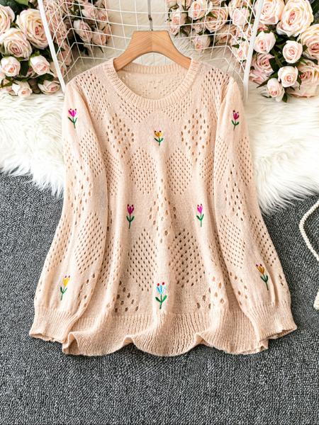 Plus Size Round Neck Floral Embroidery Hollow Out Casual Sweater, Stylish Women's Pullover for Spring & Fall Fashion